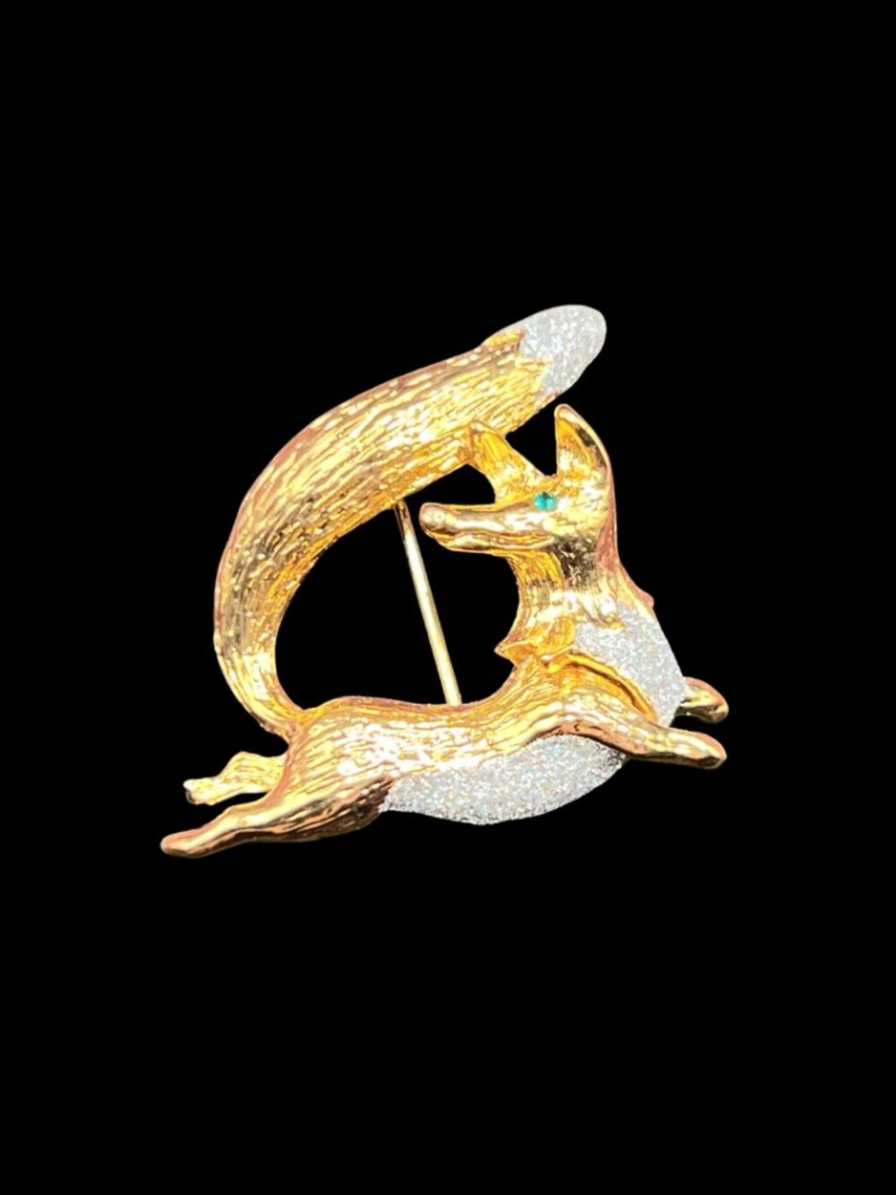 Designer Gold Fox Brooch 18K Gold Electroplate With Green Rhinestone Eyes Signed